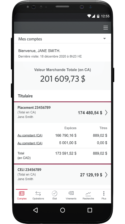Un téléphone intelligent affiche des placements et leur valeur marchande totale.