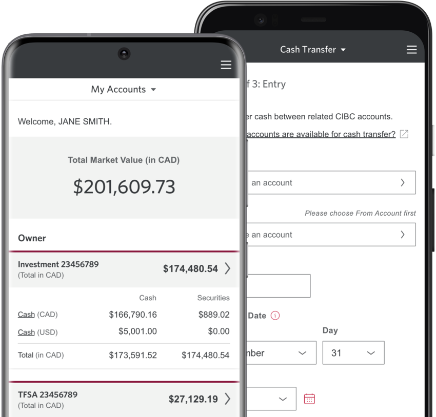 The CIBC Investor’s Edge mobile app on a pair of mobile devices.