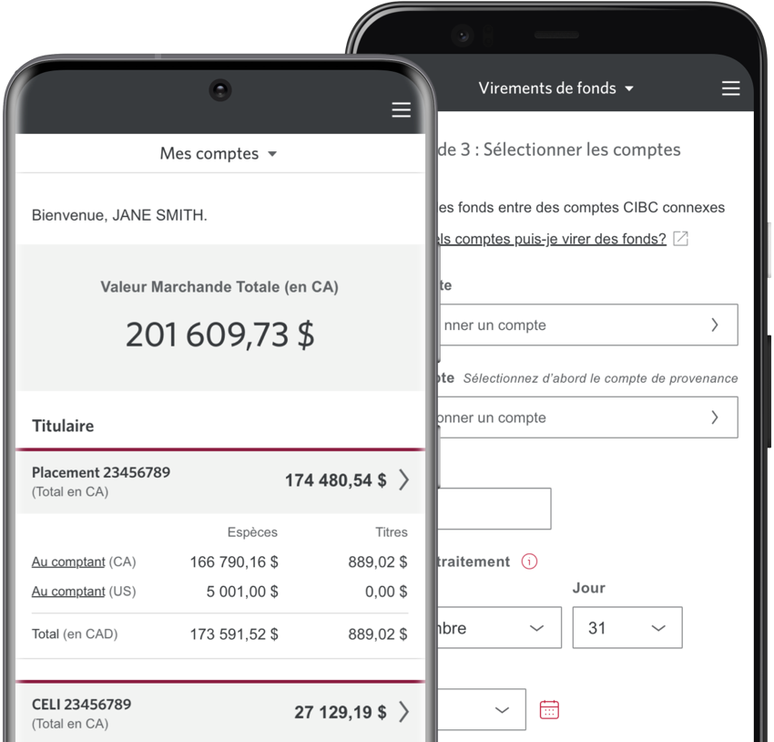 Deux téléphones intelligents affichent l’application mobile Pro-Investisseurs CIBC.
