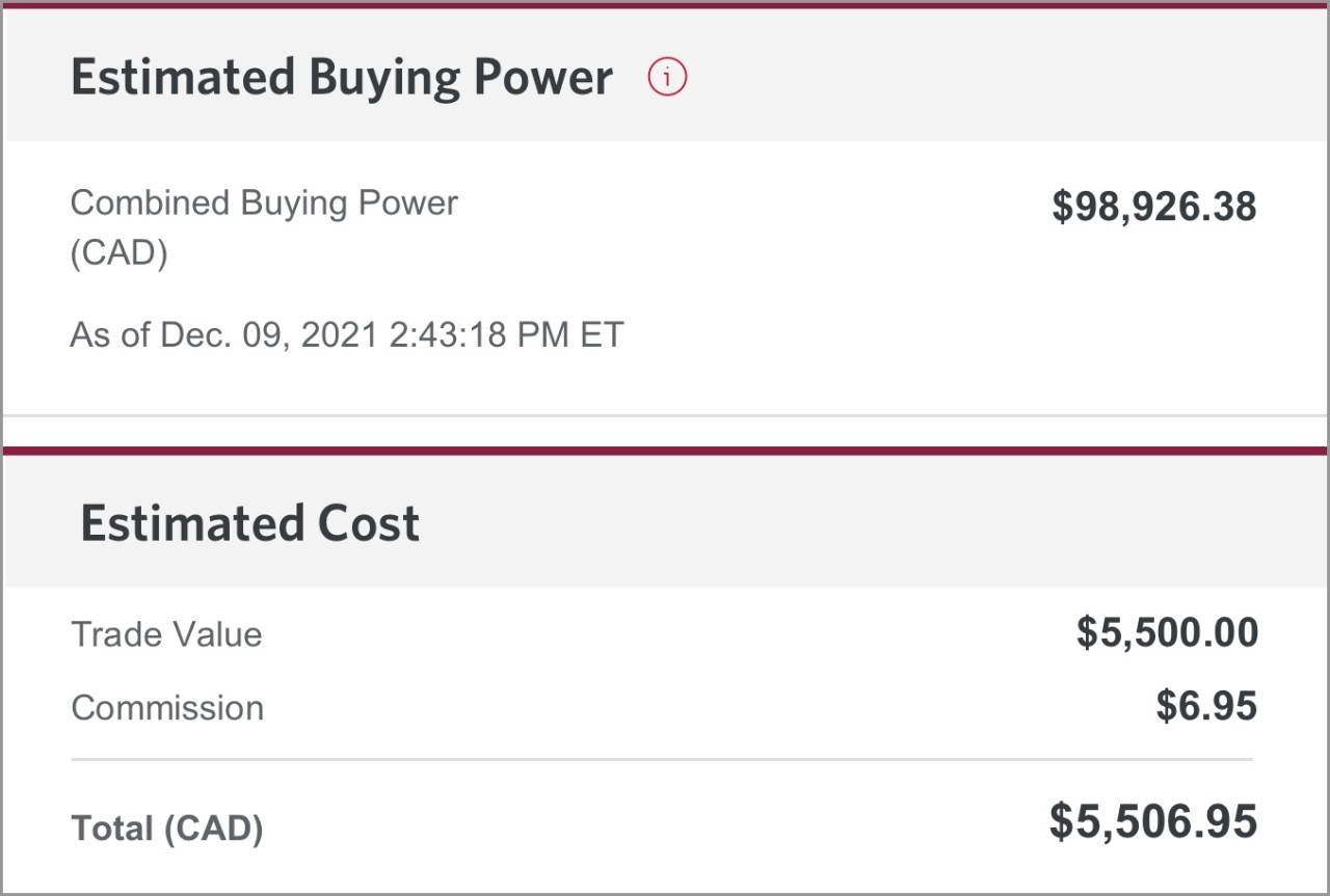 The Estimated Buying Power and Estimated Cost sections.