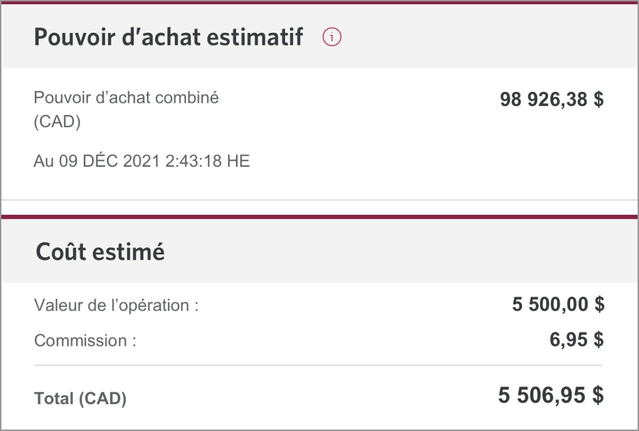 Les sections Pouvoir d’achat estimatif et Coût estimé.