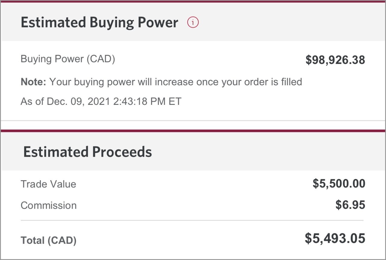 The Estimated Buying Power and Estimated Proceeds sections.
