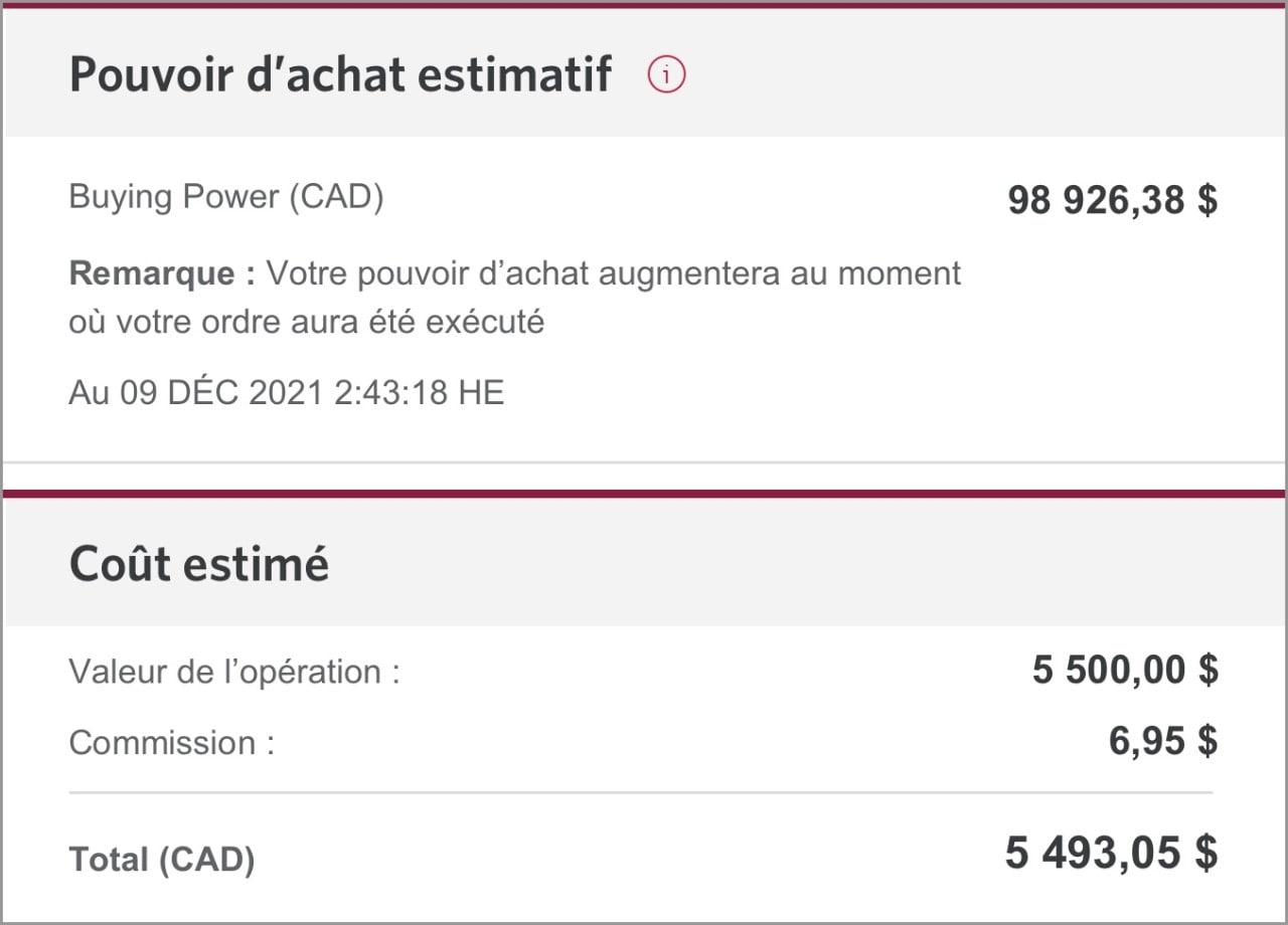 Les sections Pouvoir d’achat estimatif et Coût estimé.