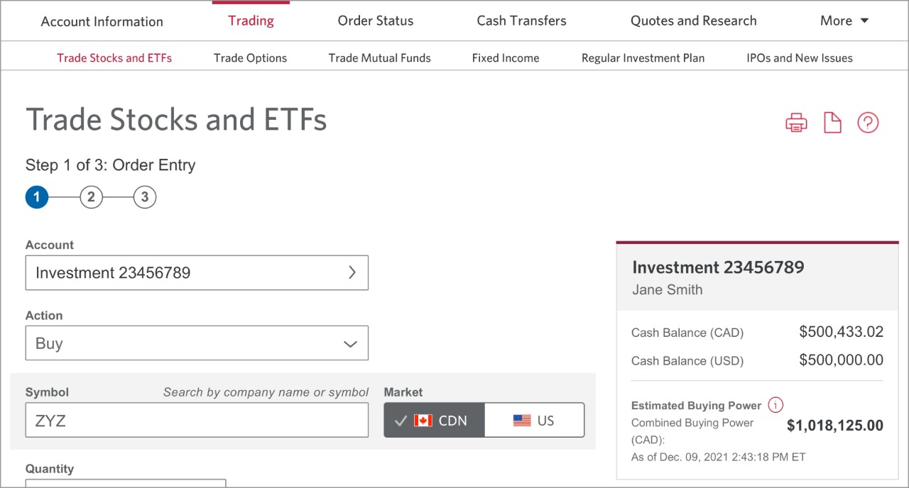 The Trade Stocks and ETFs page.