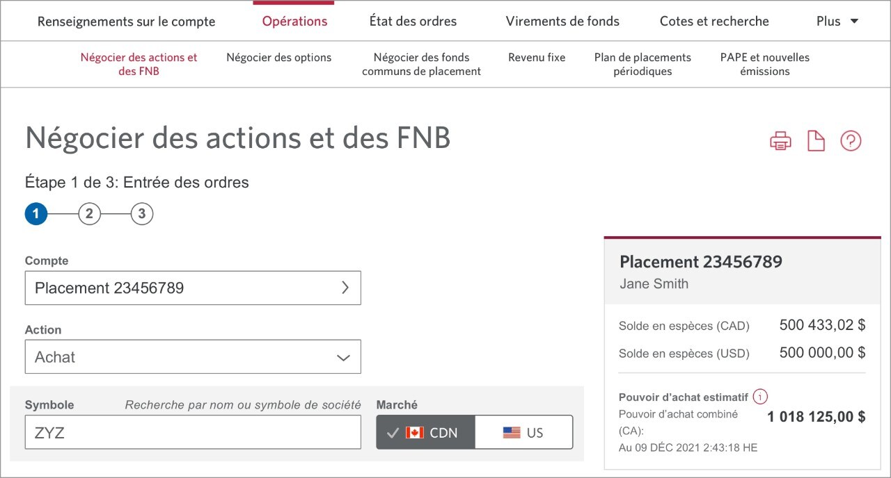 La page Négocier des actions et des FNB.