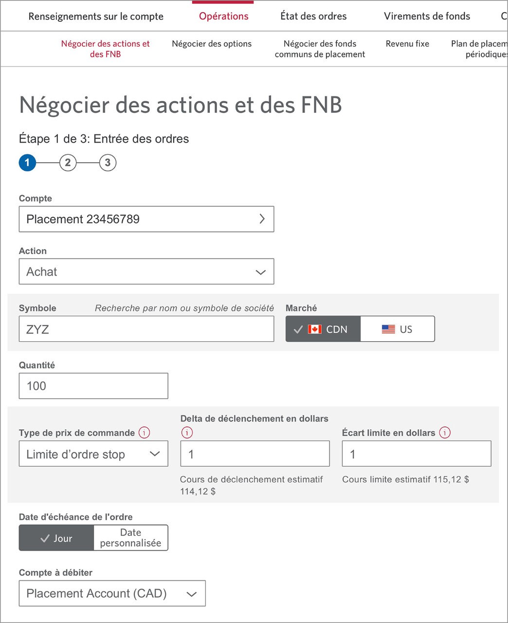 La page Négocier des actions et des FNB.