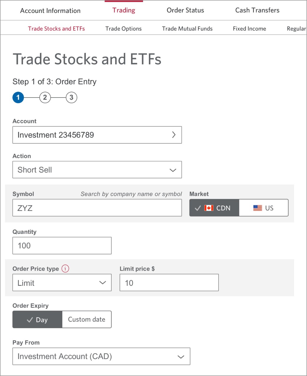 The Trade Stocks and ETFs form.