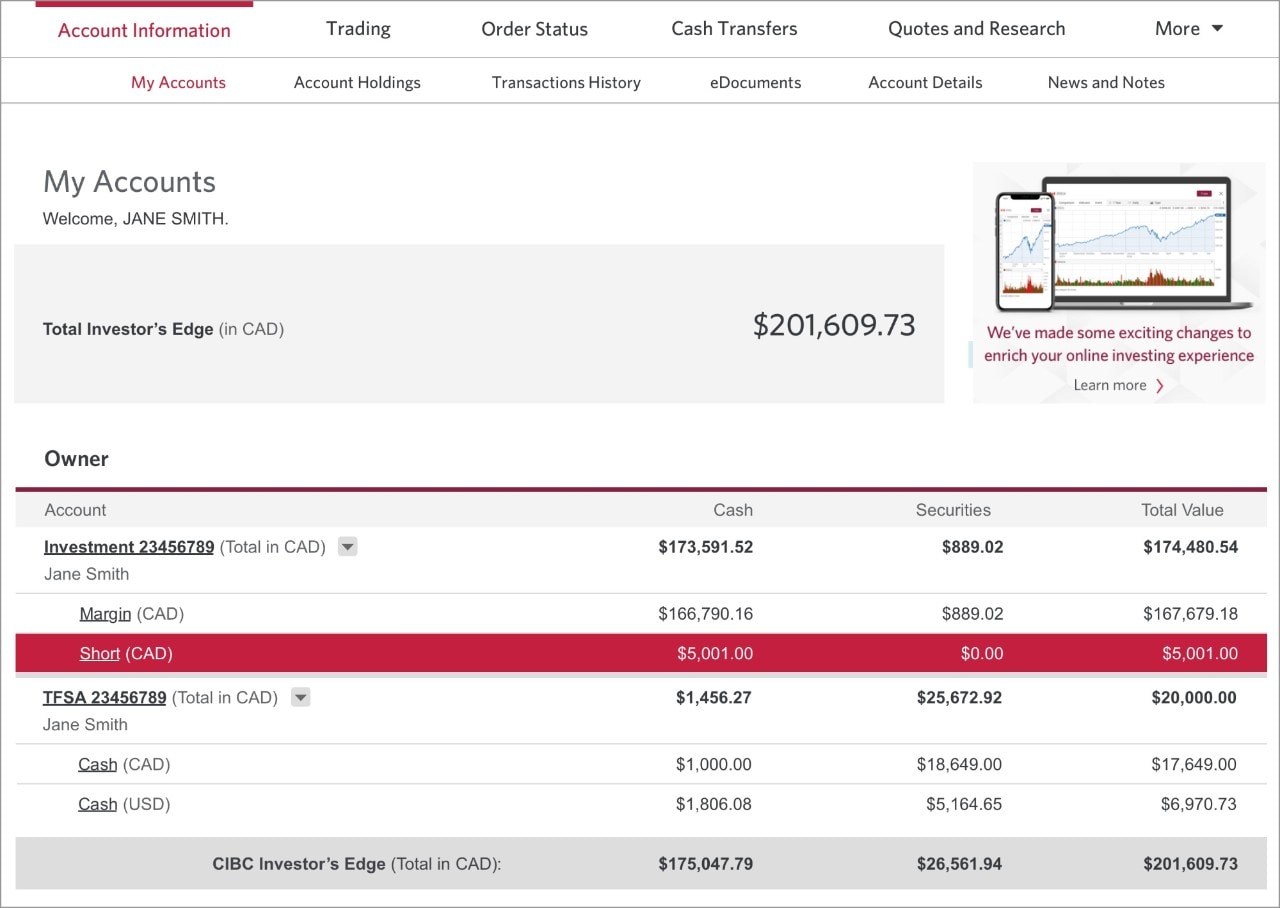 A My Accounts page highlighting the amount of cash and securities making up the total value of a short account.