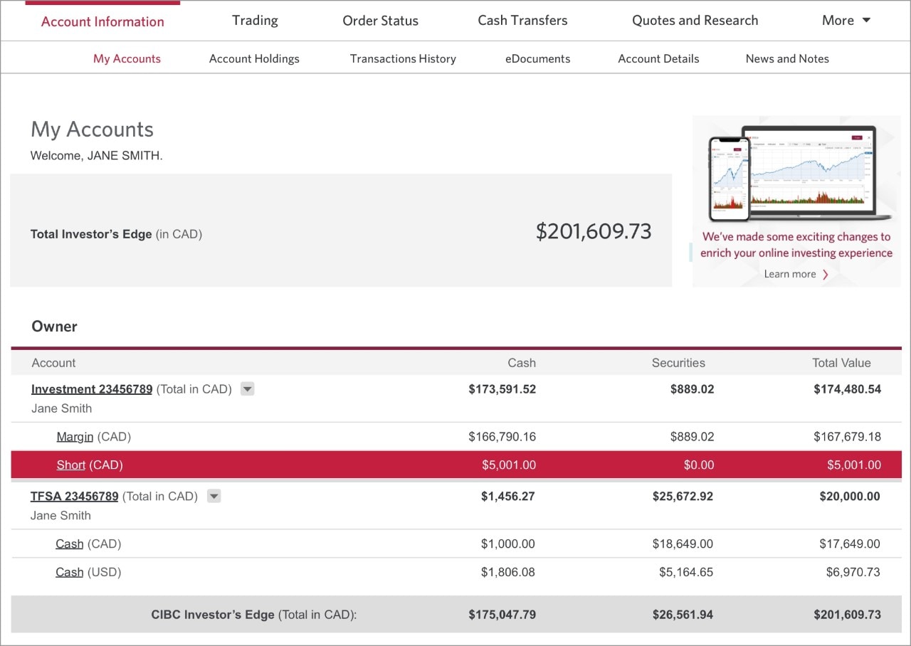 A My Accounts page highlighting the amount of cash and securities making up the total value of a short account.