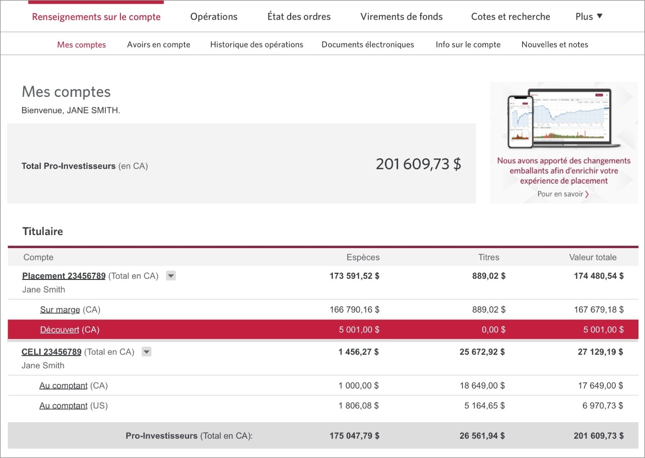 La page Mes comptes montrant les liquidités et les titres dans un compte à découvert.