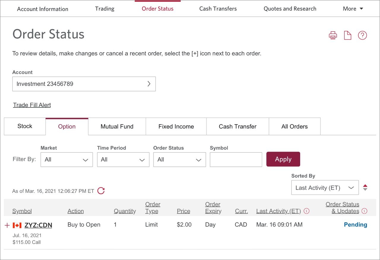 An option shows as pending on the Option tab under Order Status.