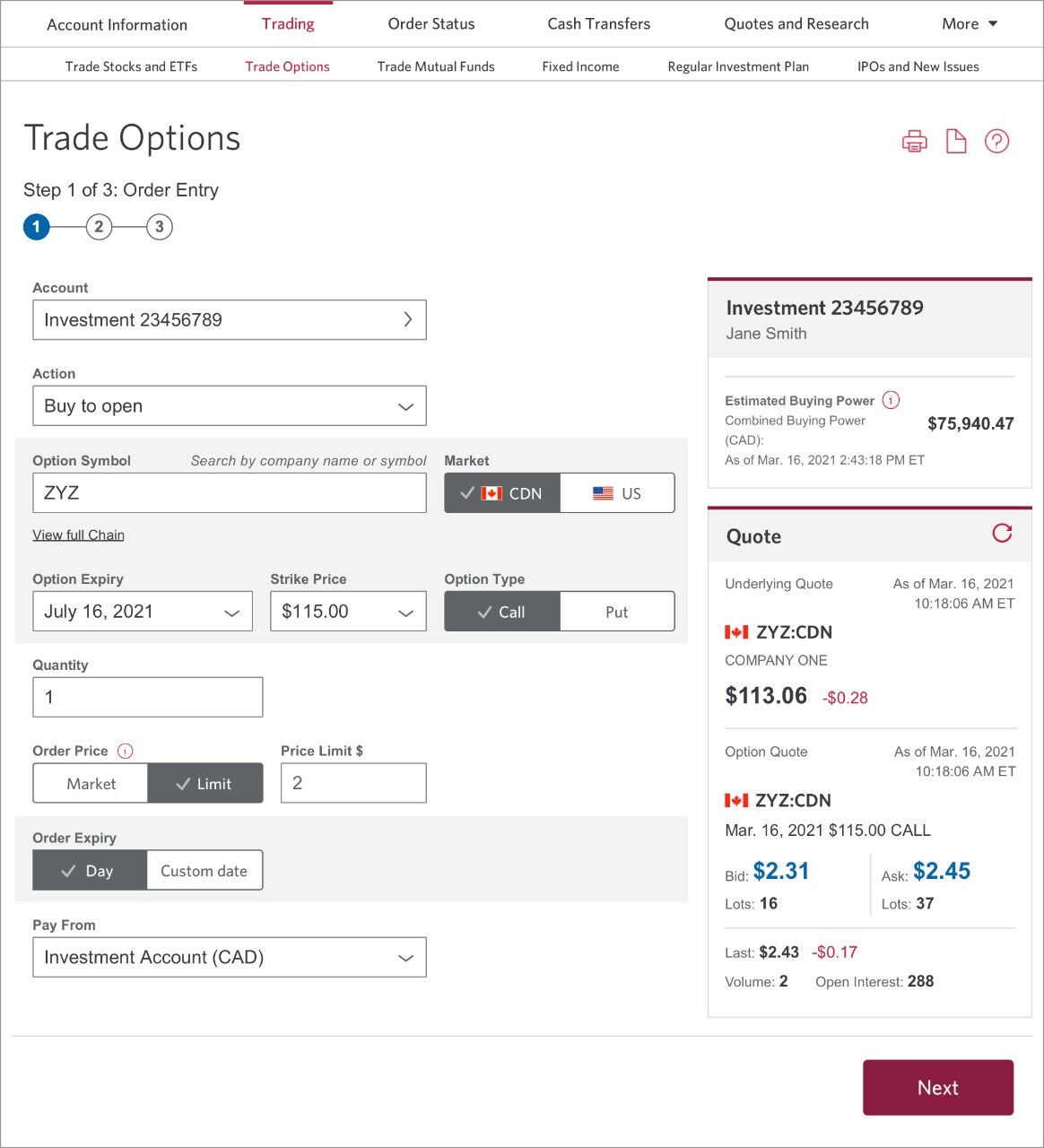 The Trade Options page with the order form filled out.