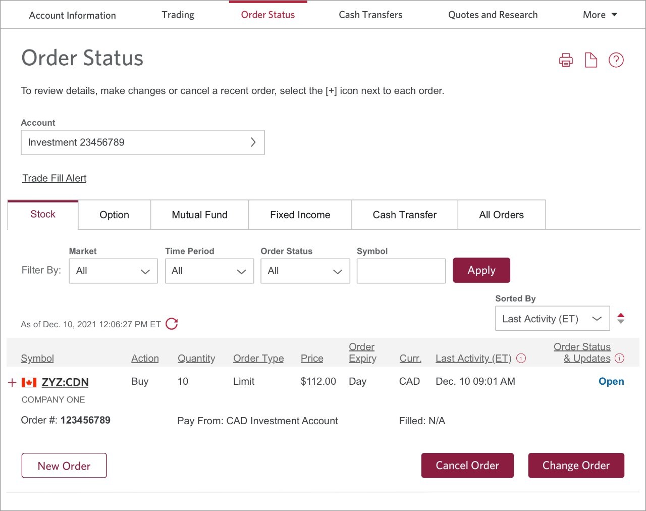 The Order Status page showing the purchase of a stock with an open status.