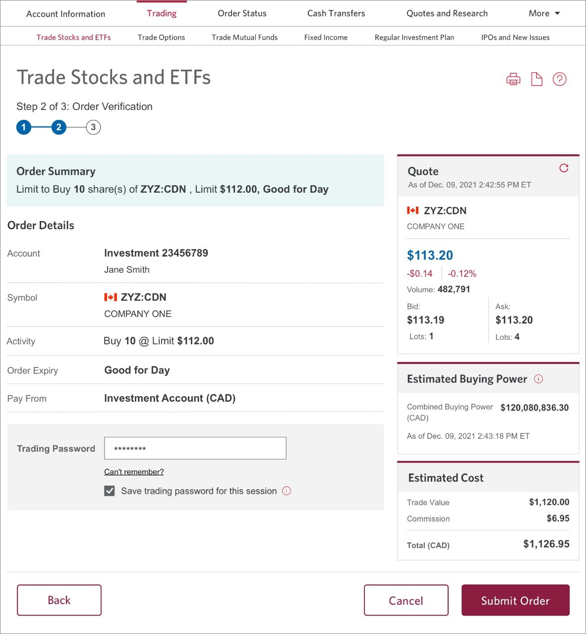 A trade order form at the verification stage.