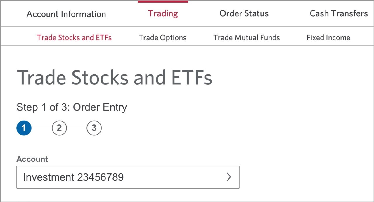 The Trade Stocks and ETFs page under the Trading tab.