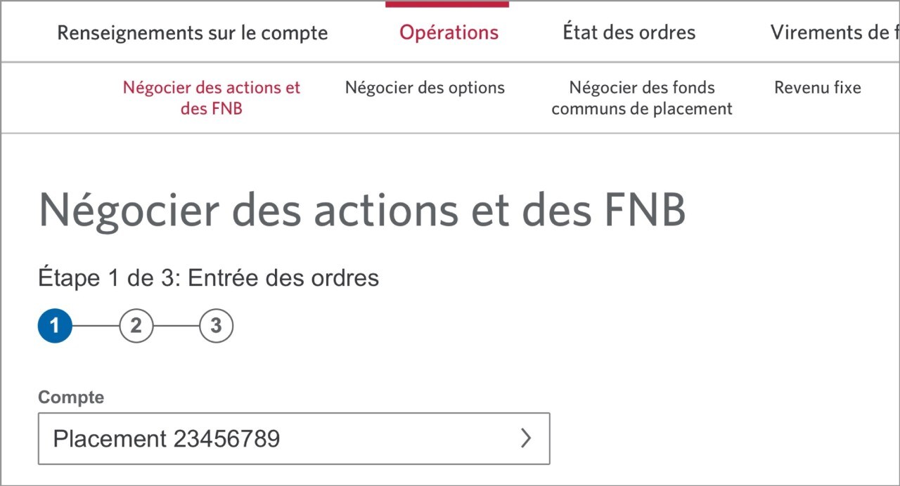 La page Négocier des actions et des FNB sous l’onglet Opérations.