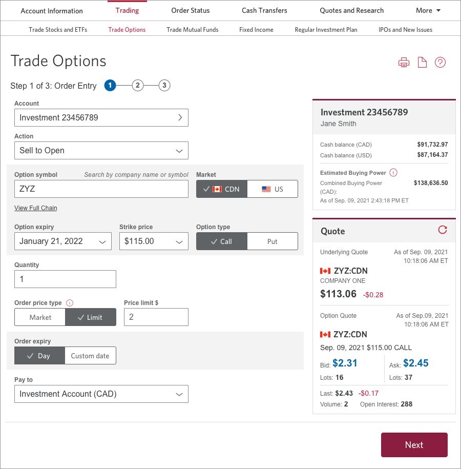 Trade options step 1 of 3: Order entry form.