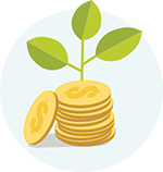 Illustration of new leaves growing from a stack of gold coins