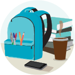 Le sac à dos, les livres, la calculatrice, les crayons et les stylos d’un étudiant posés sur un pupitre