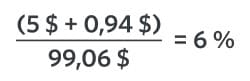 L’équation indique que 5 $ plus 0,94 $ entre parenthèses divisés par 99,06 $ donne un rendement de 6 %.