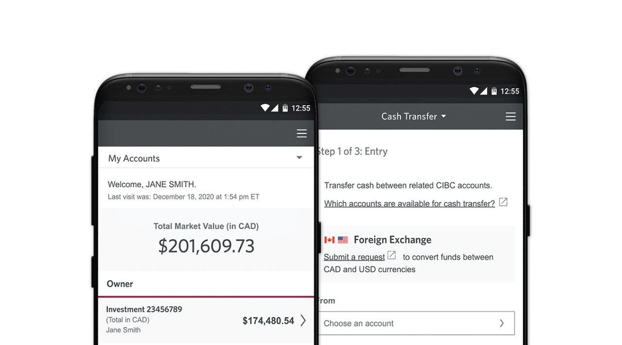 previews of the trading platform on two smartphones side by side.