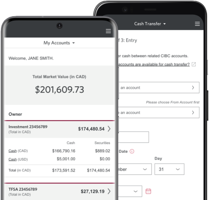The CIBC Investor’s Edge mobile app on a pair of mobile devices.